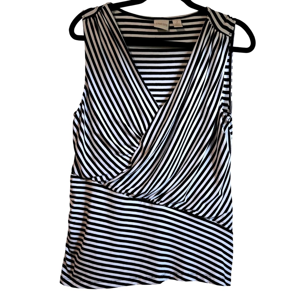 Chicos Black White Striped Sleeveless Faux Wrap V-Neck Blouse Top Size 2 L Large